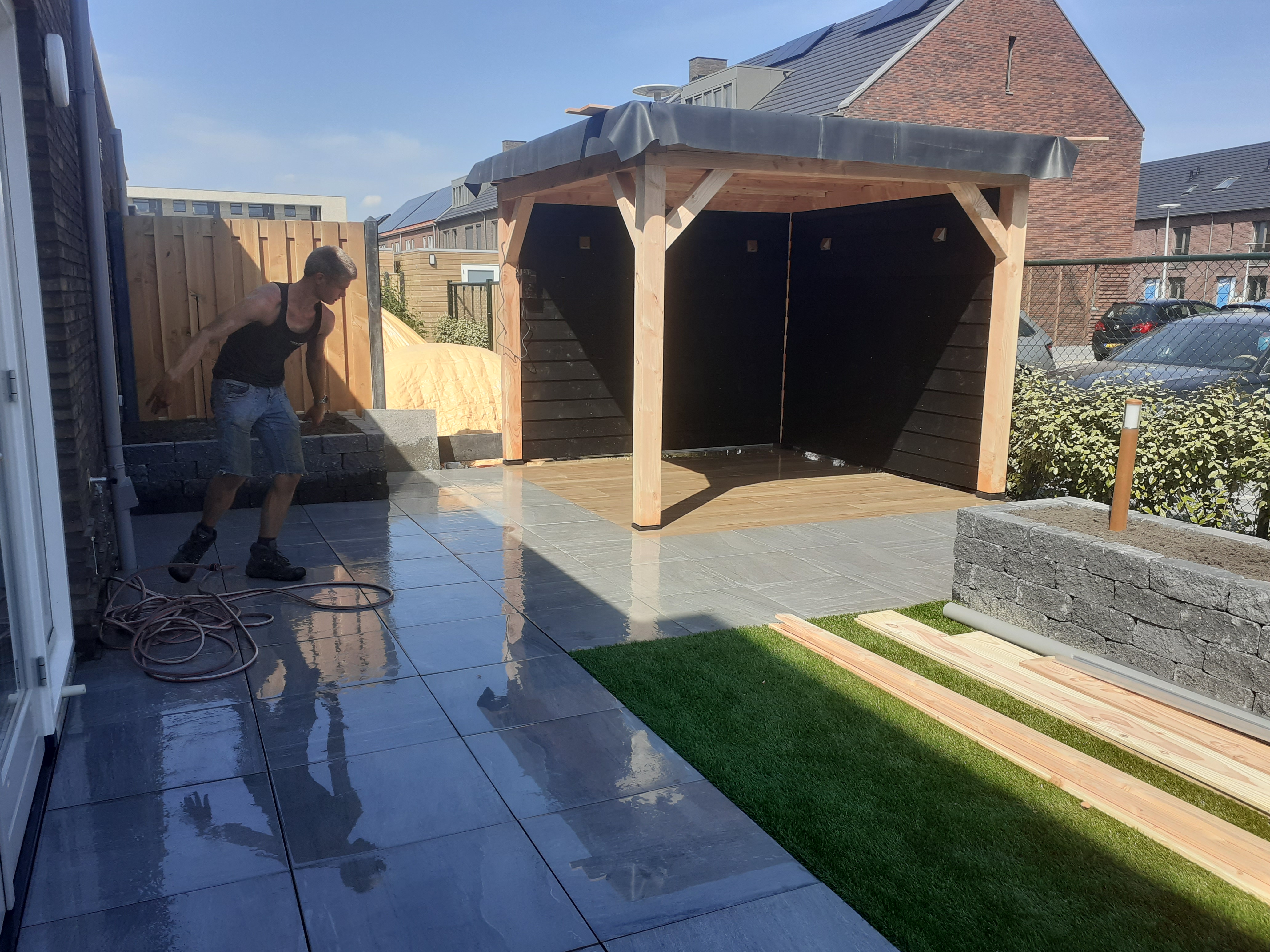 Blokhut, Douglas, overkapping, zithoek, tuinhuis